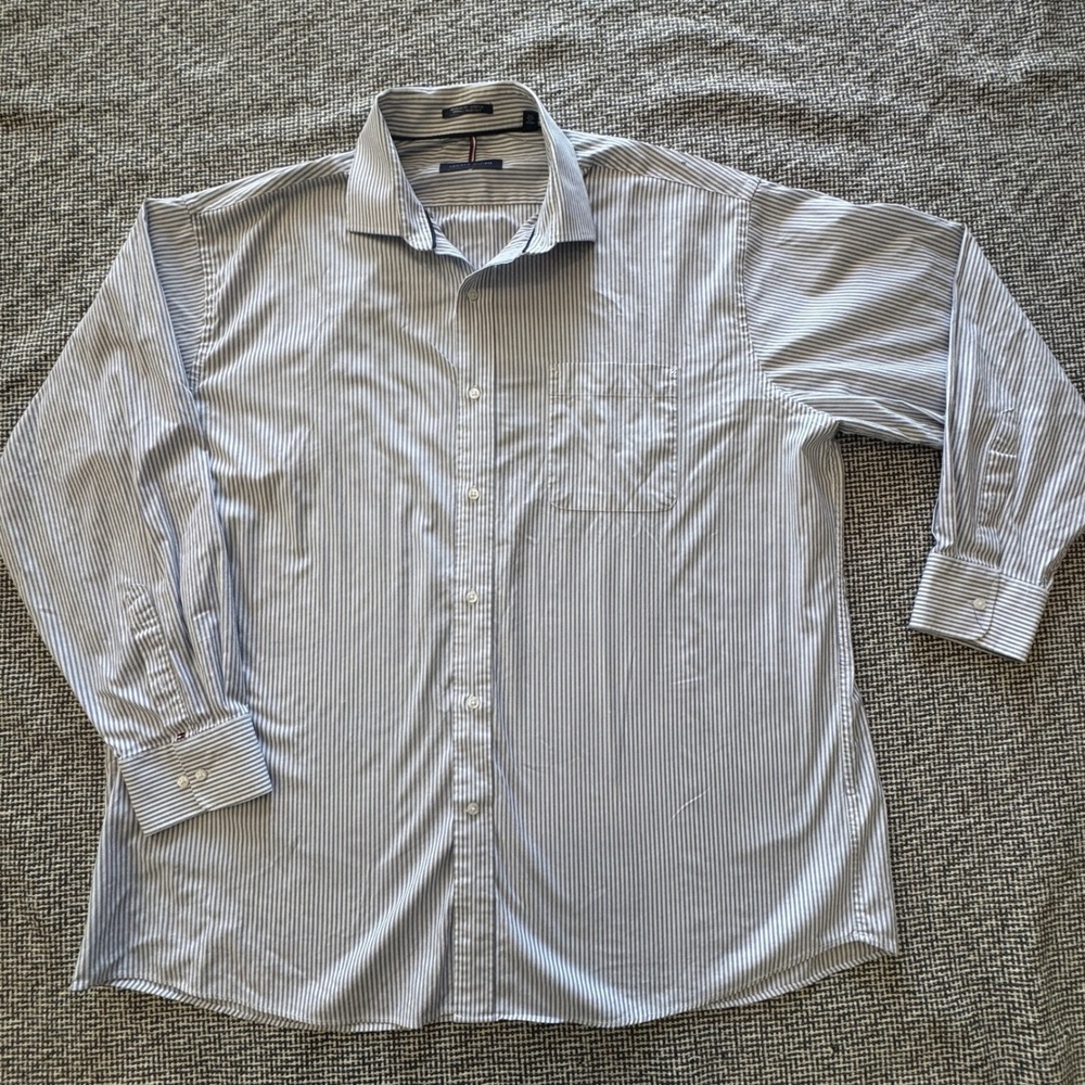 Tommy Hilfiger Mens 2XL Blue Striped Regular Fit Stretch Dress Shirt 18-18.5